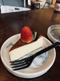 High angle view of cake in plate on table