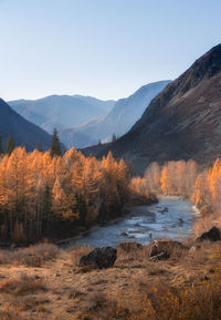 Scenic view of mountains against sky during autumn