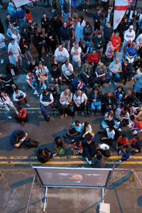 High angle view of people on street in city