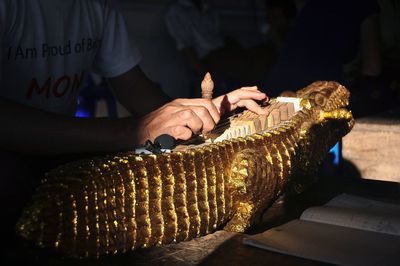 Midsection of man playing zither