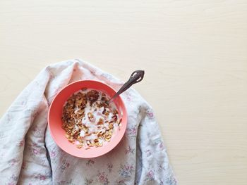 High angle view of breakfast served on table