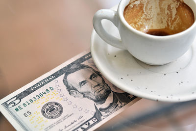 High angle view of coffee on table