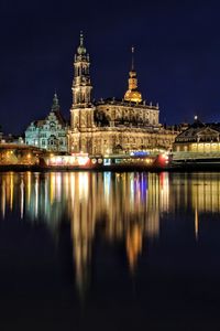 Reflection of illuminated buildings in water at night