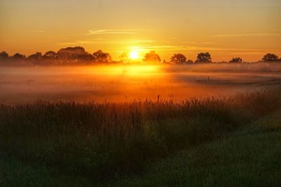 Scenic view of foggy field against sky during sunset