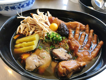 High angle view of food in bowl on table