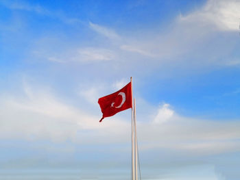 Low angle view of flag flags against sky