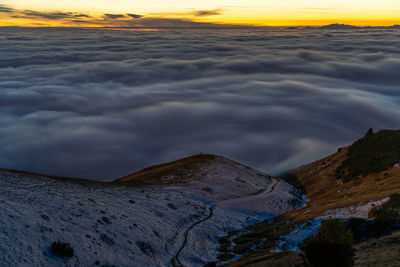 Scenic view of snowcapped mountains against sky during sunset