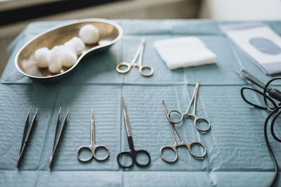 High angle view of various medical equipment in clinic