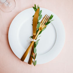 High angle view of leaves on white table