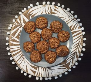 High angle view of cookies in plate on table