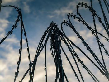 Low angle view of razor wire fence against sky