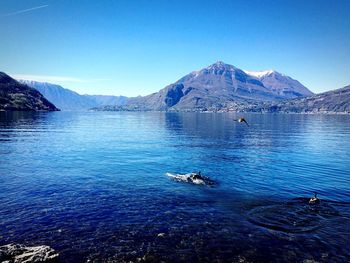 Scenic view of lake and mountains against clear blue sky