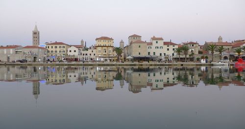 Reflection of buildings on lake against clear sky