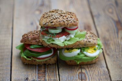 Close-up of egg sandwiches on table