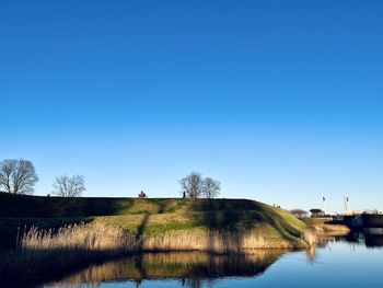 Scenic view of lake against clear blue sky