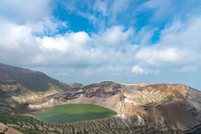 Scenic view of mountains against cloudy sky