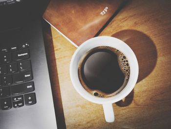 Directly above shot of coffee cup on table