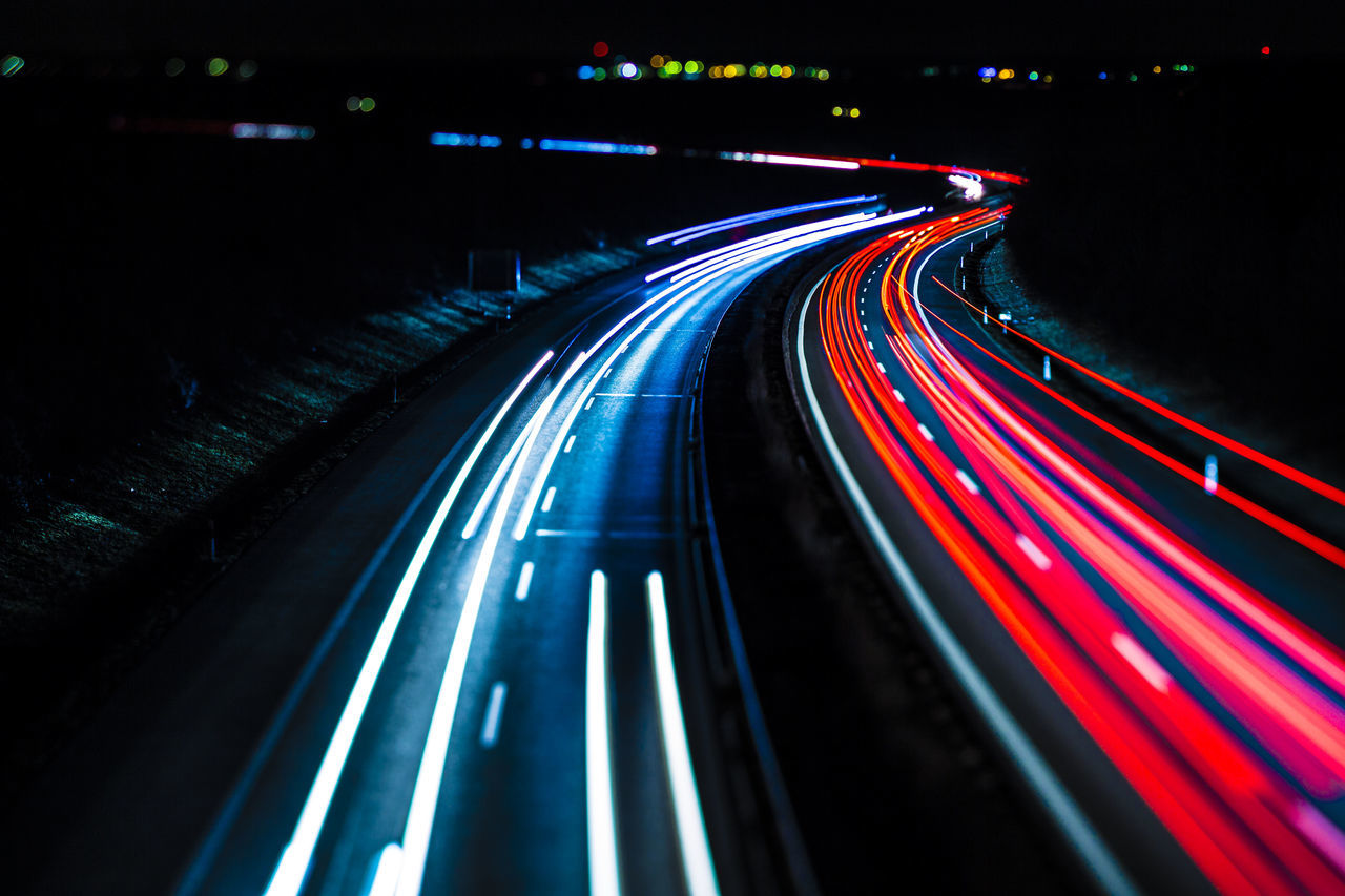 speed, night, light trail, long exposure, transportation, illuminated, motion, city, blurred motion, traffic, city life, road, highway, no people, outdoors