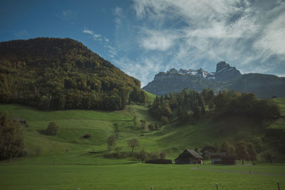 Scenic view of trees and mountains against sky