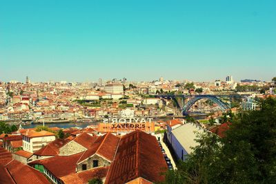 High angle view of town against blue sky