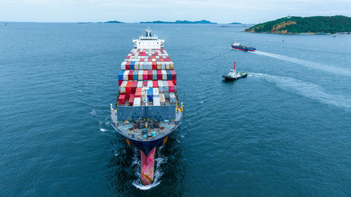 High angle view of boats in sea