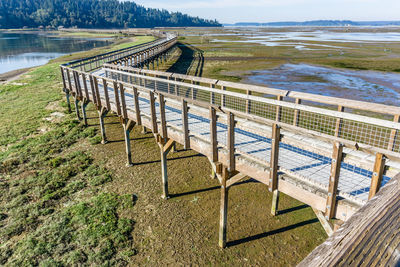 The boardwalk above the nisqually wetlands in washington state.