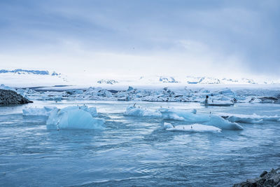 Beautiful icebergs floating in jokulsarlon glacier lagoon against blue sky