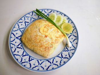 High angle view of breakfast served on table