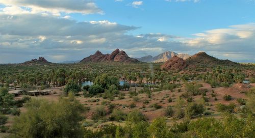 Panoramic view of landscape and mountains against sky