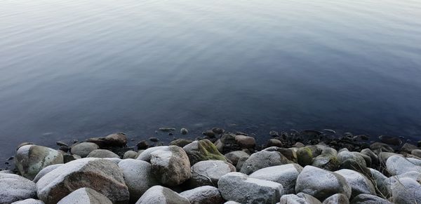 High angle view of stones on sea shore