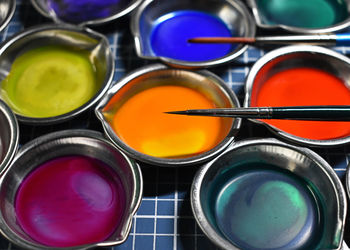 High angle view of paint on table