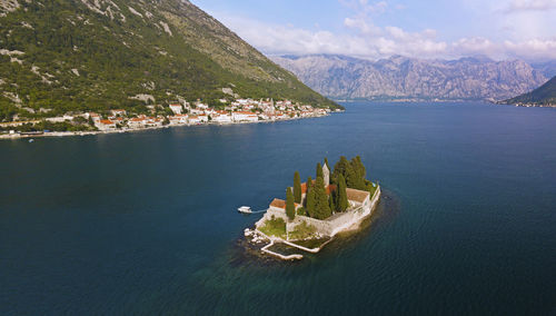 High angle view of bay against sky