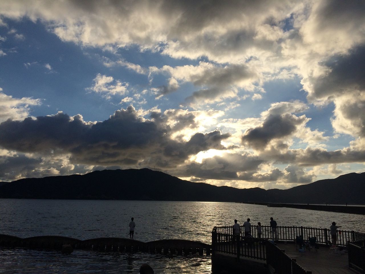 water, sky, mountain, tranquil scene, scenics, tranquility, cloud - sky, beauty in nature, lake, mountain range, silhouette, nature, pier, sea, cloud, cloudy, idyllic, sunset, non-urban scene, outdoors