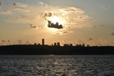 Silhouette buildings by sea against sky during sunset