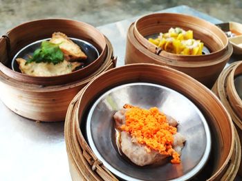 High angle view of food in plate on table