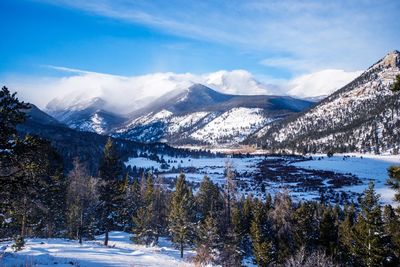 Scenic view of snowcapped mountains against sky during winter