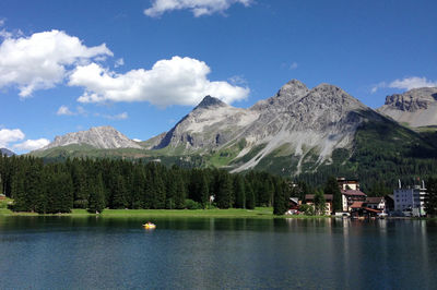 Scenic view of lake against cloudy sky