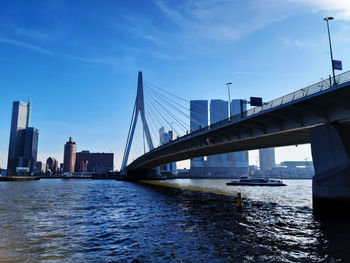 Bridge over river with buildings in background