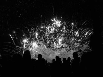 Silhouette people watching firework display at night