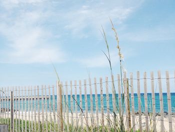Wooden posts on beach against sky