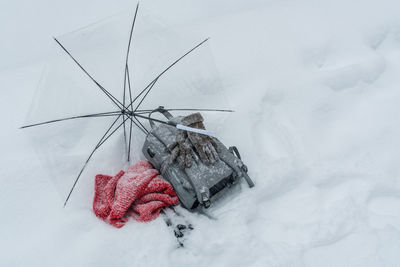 High angle view of ice cream on snow covered field