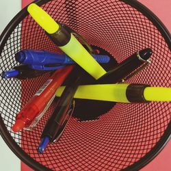 High angle view of multi colored pencils on table