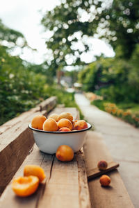 Ripe juicy homemade apricots with cracks and flaws in the plate and scattered on wooden boards