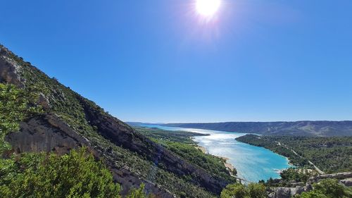 Scenic view of sea against clear blue sky