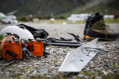 Close-up of climbing equipments