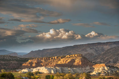 Scenic view of mountains against sky during golden hour