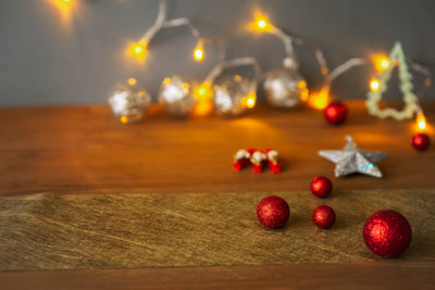 Close-up of christmas decorations on table