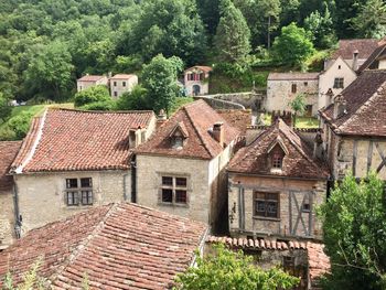 High angle view of houses in village