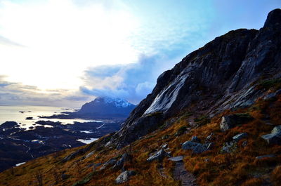 Sunset on the top of the mountain in northern norway