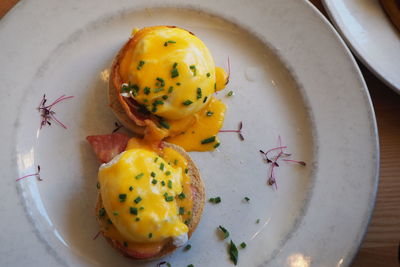High angle view of breakfast served in plate